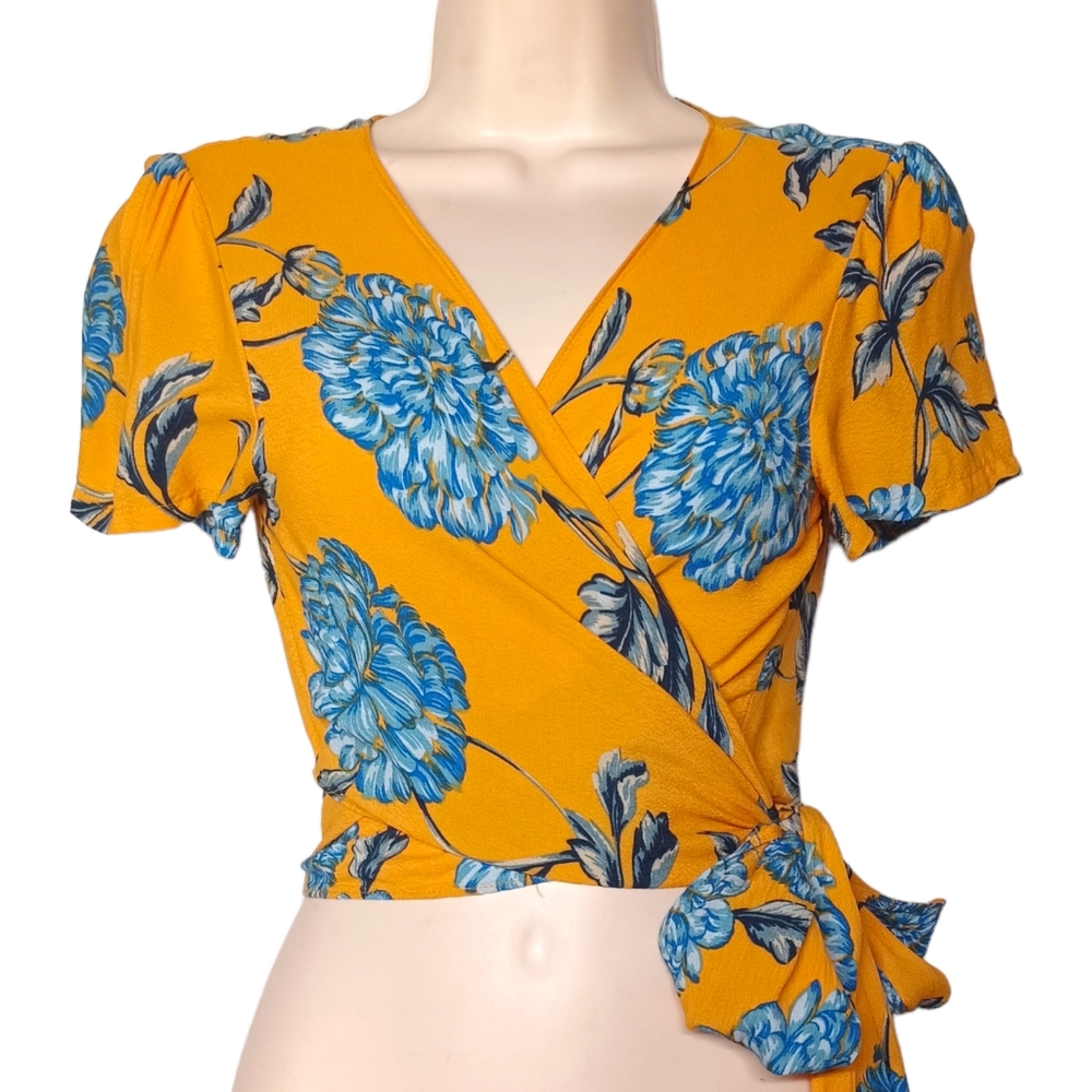 OLIVACEOUS Blue Floral Print Mustard Yellow Wrap Short Sleeve Top Small